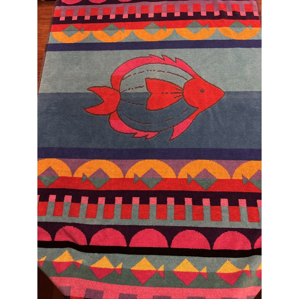 Vintage Franco Vibrant Fish 90's Beach Towel 32"x 55" 100% Cotton Made In Brazil